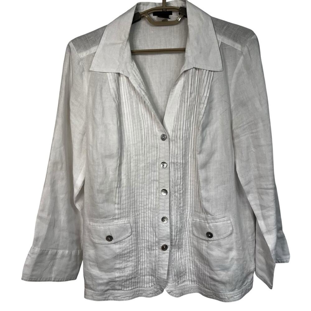 Linen Pintuck Safari Jacket Shirt White Resort Coastal Size Large – Sara Isabe